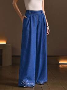 SHEIN BAE Quần Jeans Ống Rộng Thêu Chữ Thường Ngày Cho Nữ - Màu xanh lam - Xem 8