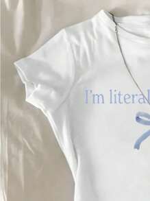 Camiseta de manga corta con lazo y patrón de letras para niña adolescente, diseño lindo, adecuada para primavera y verano