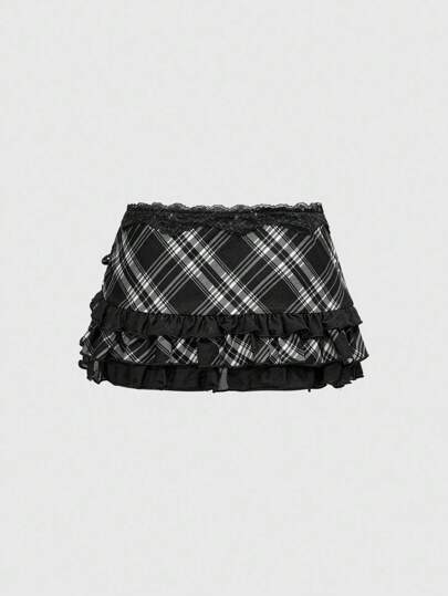 ROMWE Avant Women Vintage Collegiate Style Printed Lace Panel Asymmetrical Mini Skirt