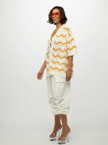 SUMWON WOMEN Wave Pattern Crochet Button Through Cardigan Summer Retro Style Bohemian Knit Sweater With Eyelet Detail Casual Beach Cover Up - Orange - View 4