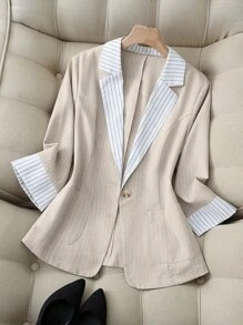 Franclia Chaqueta estilo blazer ajustada de lino beige con rayas, cuello con contraste y un solo botón, versátil para uso casual, oficina y commuting. Nueva ropa de mujer casual de primavera/otoño para el trabajo