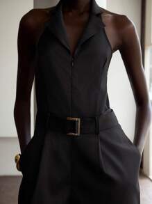 Lumivelle Halloween Summer Old Money Women 2025 New Design Black Lapel Sleeveless Backless Loose Jumpsuit For Women In Summer, Black Metal Decor Waist Belt Backless Halter Straight-Leg Jumpsuit, High-End V-Neck Sleeveless Backless Jumpsuit For Women In Summer, Elegant Waist Tie Jumpsuit With High Waist Wide Leg Pants