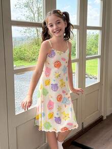 SHEIN 少女蓬松怪物图案印花吊带睡衣 - 米色 - 查看 5