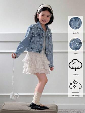 Genkimix Kids 小女孩仿珍珠串珠牛仔短夹克，适合返校季