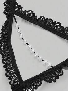 ROMWE Kawaii 性感蕾丝珍珠镂空内衣套装 - 黑色 - 查看 3