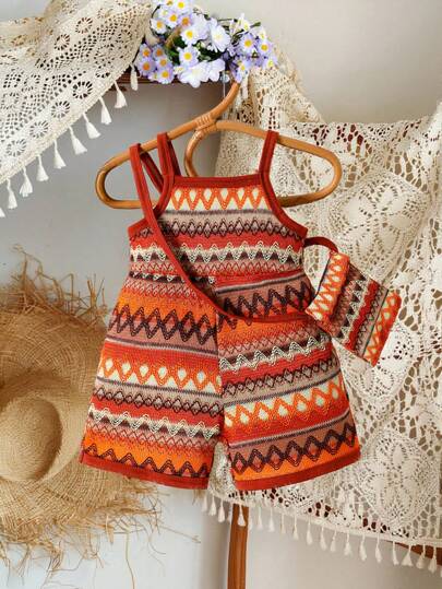 SHEIN Vintaside Kids 時尚編織連體衣，花卉設計，適合女寶寶