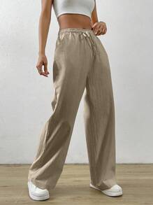 SHEIN EZwear 大码宽松抽绳腰棉质皱褶纹理休闲阔腿裤，夏季假日 - 淺灰色 - 查看 5