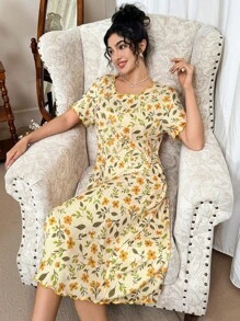 CottageSlumber 女式宽松短袖罗纹针织迷你卷边睡袍，Moo Moo 睡裙 - 黃色 - 查看 4