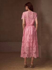 MOTF PREMIUM GUIPURE LACE BELTED DRESS - Pink - View 3