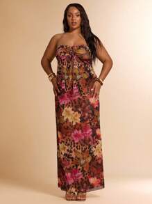 SHEIN BAE 大码女装曲线服装夏季海滩度假服装，约会旅行，外出，音乐节，乡村音乐节，派对聚会，节日服装，音乐会服装，狂欢节派对服装，节日服装，INS风格服装，黑色性感蕾丝透视套装，抹胸抽绳上衣套装错摆套装 - 彩色 - 查看 4