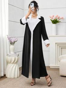 Yasmyna 法式和英式风格拼色长袖阿巴雅长袍，优雅长袍 - 黑色 - 查看 8