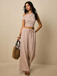 Poéselle 2 Stücke Damen Sommer lässiges einfarbiges Set mit asymmetrischem Kragen anliegender Crop Top und weiter Hose mit Kordelzug Taille