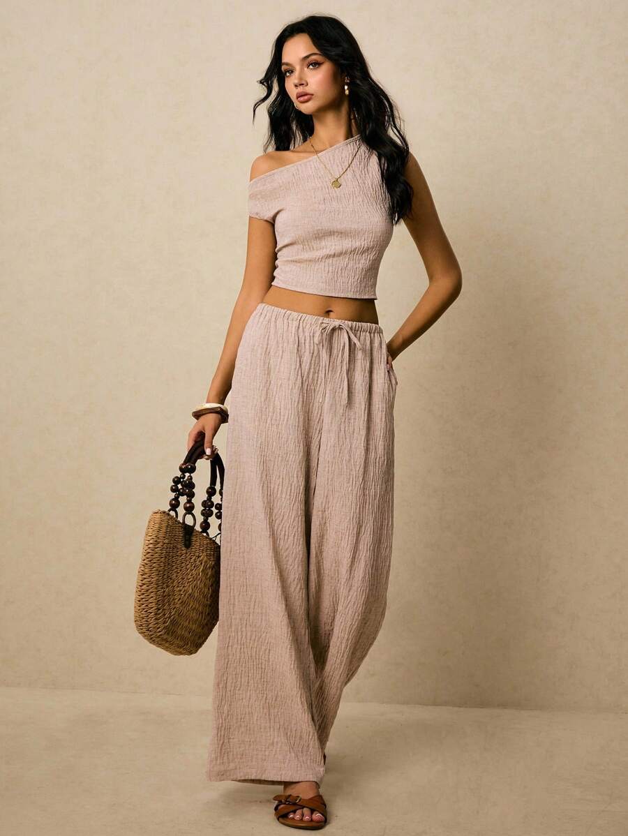 Poéselle 2 Stücke Damen Sommer lässiges einfarbiges Set mit asymmetrischem Kragen anliegender Crop Top und weiter Hose mit Kordelzug Taille