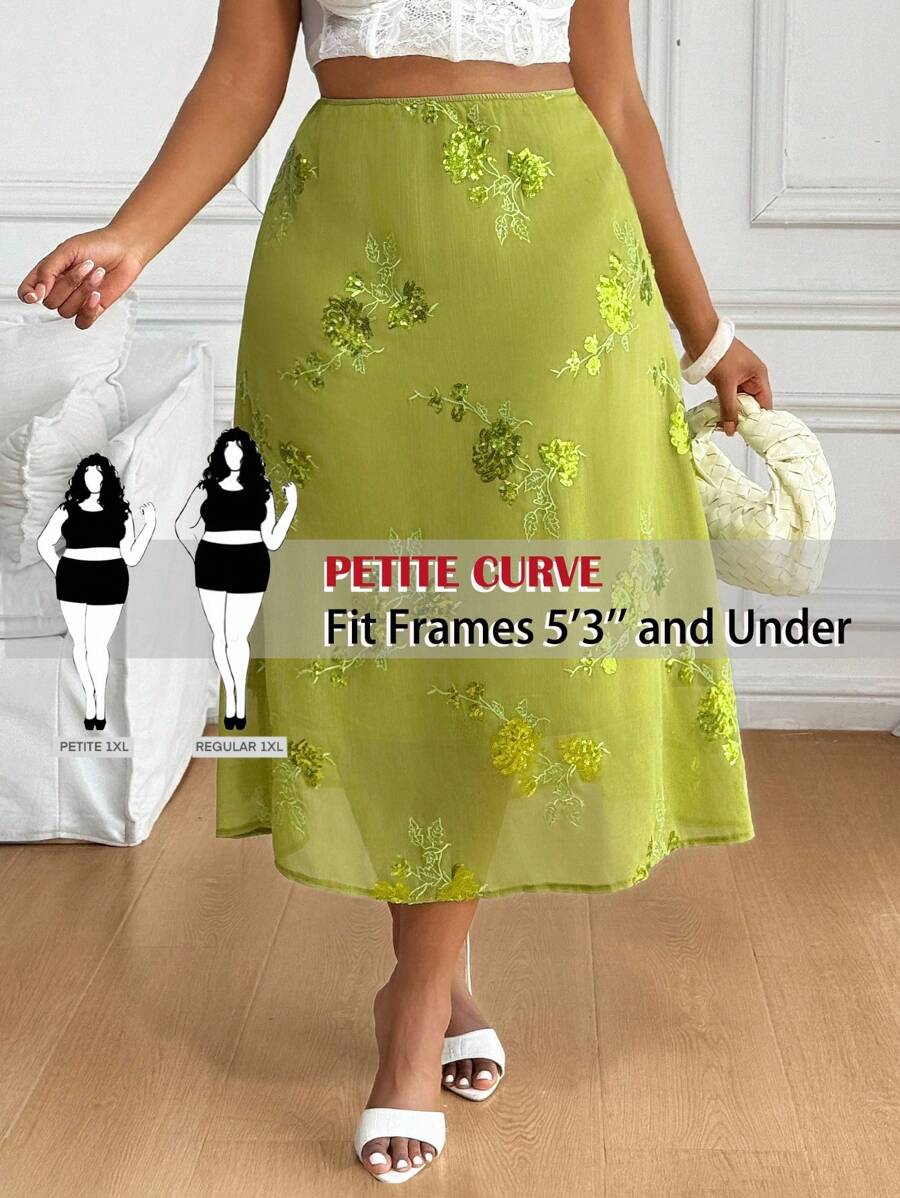 SHEIN PETITE CURVE Plus Size Women Floral Sequin High Waist Fashionable Mini Skirt
