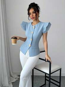 Chiquease Women's High-End Elegant Layered Black Waistcoat With Sleeve Tuck Ruffle Details Clothes For University - Baby Blue - View 3