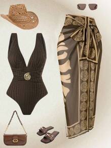 Swim Oasis 2025新款女式泳衣，提花面料纯色连体泳衣，带定位印花网眼长裙，海滩度假休闲泳衣套装，夏季