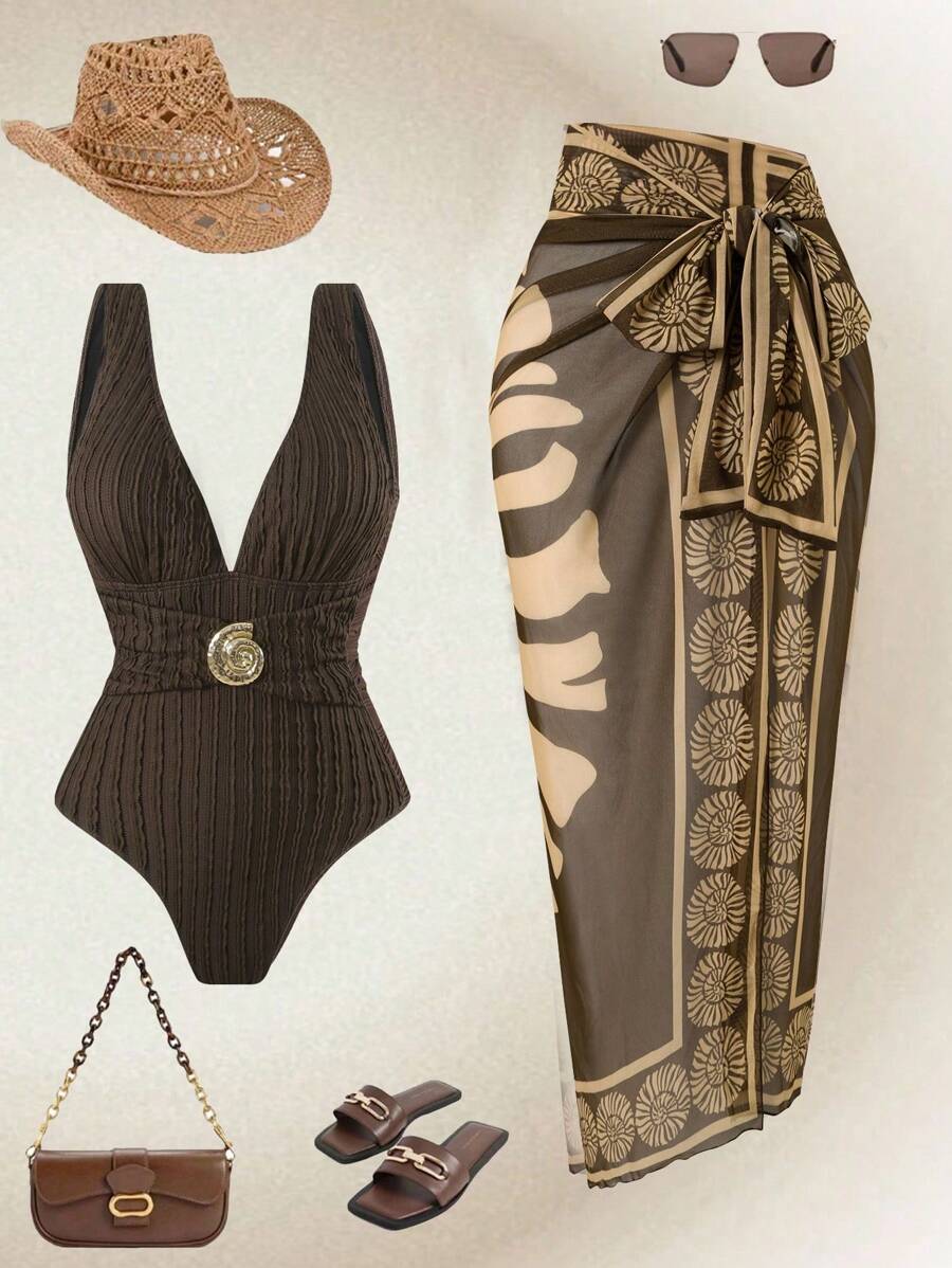 Swim Oasis 2025新款女式泳衣，提花面料纯色连体泳衣，带定位印花网眼长裙，海滩度假休闲泳衣套装，夏季