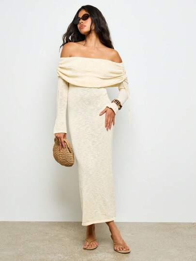 AiiRZ Vestido largo con hombros descubiertos, bandeau, manga larga con fruncidos, tejido de punto, ideal para otoño-invierno, fiestas, bodas, invitados, cintura imperio, columna, suéter, longitud hasta el piso