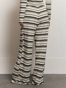 MUSERA' Embroidered Elasticated Waist Soft Stripe Wide Leg Trousers Comfy Cute Summer Vacation Holiday Airport Elegant Casual Bottoms Only Collective Office Attire For Women, Office Wear Women Christmas Fall Winter Thanksgiving