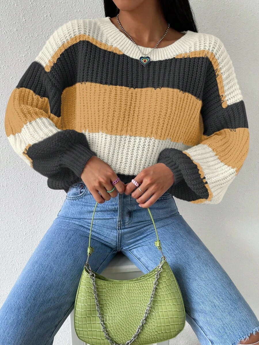 Chiquease 女士条纹圆领落肩宽松休闲套头毛衣针织套头衫秋冬 - 彩色 - 查看 1