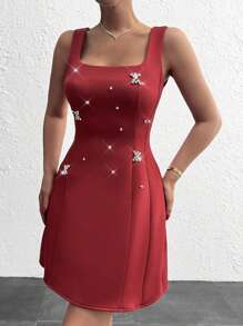 EURMUSE A-Line Shaped Rhinestone Embellishment Princess Line Detailed Mini Elegant Dress, Party Dress - Burgundy - View 4