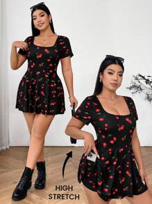 Solflare Plus Size Women's Basic Black Cherry Printed Crew Neck Short Sleeve A-Line Ruffle Hem High Stretchy Comfortable Fabric Solid Color Jumpsuit With Pockets, Suitable For School, Outdoor, Sports, Yoga, Gym, Casual, Daily Wear