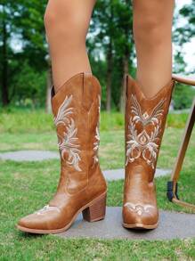 Styleloop New Women Western Boots Classic Fashion Embroidered Chunky Heel Mid-Calf Riding Boots - Brown - View 5