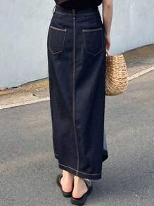 FRIFUL 女士不对称腰线前侧开衩长款休闲牛仔裙