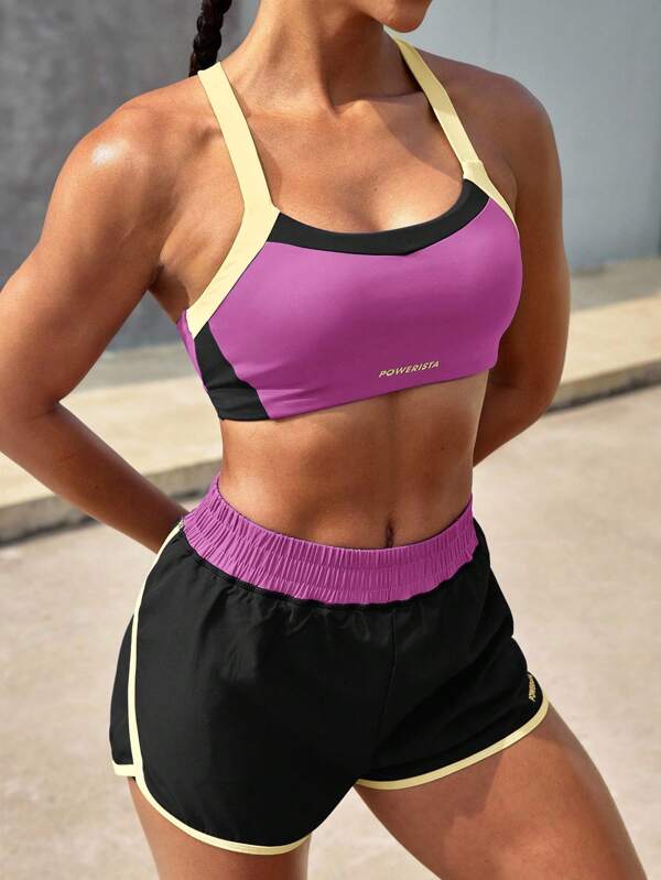 POWERISTA Powerista Women Summer Casual Contrast Color Crisscross Back Tank Top And Shorts Sports Set