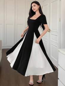 DAZY Women Elegant Commuter Color Block Patchwork Dress - Black and White - View 3
