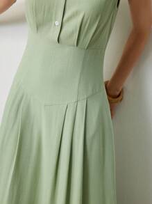 Uhlyne 女式优雅领口系带纽扣喇叭下摆口袋荷叶边下摆长款连衣裙，夏季 - 灰綠 - 查看 2