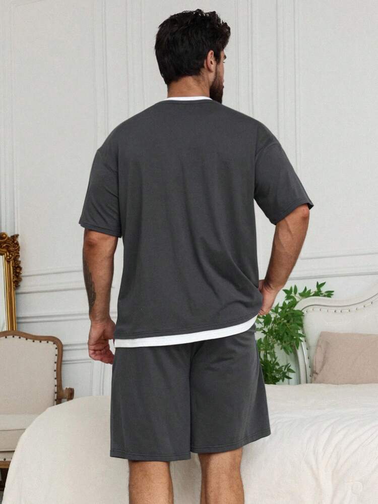 Summer Men 2 In 1 Design T-Shirt With Letter Graphic Print, Dark Grey Patchwork Collar And Hem, Casual Pajamas Set