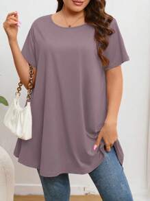 SHEIN Privé Talla grande Sencillo y elegante unicolor Vestido tipo línea A de media longitud Talla grande Camiseta de manga corta, verano - Morado - Ver 1