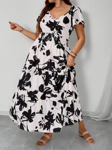 EMERY ROSE Plus Size Women V-Neck Cinched Waist Floral Print Flared Romantic Maxi Dress - Black and White - View 3