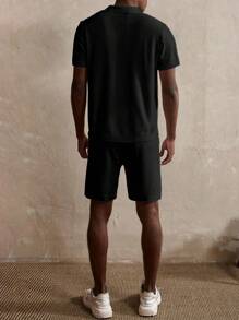 Manfinity Homme Men's Solid Color Polo Collar Short Sleeve Knit Top And Knit Shorts Set, Fall Clothes - Black - View 2
