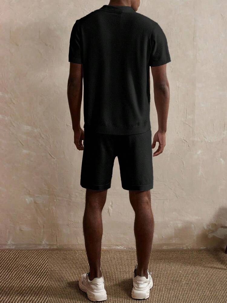 Manfinity Homme Bộ áo thun tay ngắn cổ polo màu trơn và quần short dệt kim cho nam, trang phục mùa thu - màu đen - Xem 2