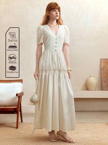 SHEIN LUNE Vestido de satén con cuello en V, mangas abullonadas, cintura con lazo y bajo plisado con hebilla dorada, estilo vintage elegante para ocasiones formales, vestido maxi para primavera/verano, vestidos de verano para mujer, vestidos de cumpleaños para mujer, vestidos formales para mujer, vestidos blancos elegantes y clásicos, estilo de mujer de dinero antiguo, vestido fluido, vestidos modestos para mujer, Fairycore, vestidos para fiestas de mujer, vestidos sexy para mujer, vestidos de verano para vacaciones, atuendo todo blanco para mujer, vestidos para eventos de boda, vestidos formales para invitados de boda - Albaricoque - Ver 8