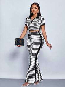 SOLERSUN Women 2pcs Set: Color Block Striped Knit Texture Polo Collar Short Sleeve T-Shirt And Flared Pants (Random Flower)