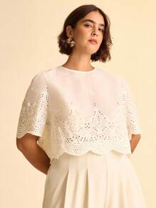 CAJUNI Áo kiểu nữ cỡ lớn dáng rộng, tay ngắn, thêu lỗ, thích hợp mặc đi nghỉ mát. - trắng - Xem 1