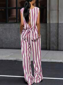 2 件套女士休闲条纹吊带背心和裤子套装 - 彩色 - 查看 2