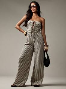 MISSGUIDED Bộ đồ liền thân không dây ống rộng Palazzo nhún bèo thân áo buộc dây phía trước kỳ nghỉ hè bãi biển nghỉ dưỡng trang phục dự tiệc buổi tối trang trọng - Nhiều màu - Xem 1