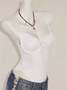 SHEIN ICON Y2K 春季服装狂欢节服装蕾丝拼布紧身吊带背心高腰露背女式连体衣 - 白色 - 查看 10