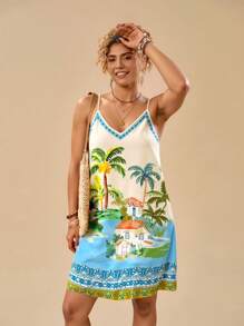 Travachic 大码女式V领花卉印花迷你梭织连衣裙，适合春夏季度假穿着，女士夏季服装，沙滩装，女士度假装，女士演唱会服装，波西米亚风格，女士热带度假装，女士夏季连衣裙，波西米亚风格度假连衣裙 - 彩色 - 查看 4