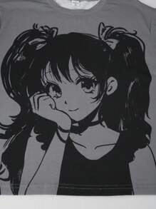 少女休闲卡通动漫女孩印花短袖上衣和裤子两件套 - 灰色 - 查看 8