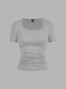 SHEIN EZwear 4 Pieces Casual Minimalist Plain Color Crew Neck Short Sleeve T-Shirts For Women, Black, Navy, Heather Gray, White, Suitable For Spring And Summer Plain T-Shirts Women Suitable For Going Out