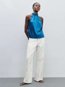 Maija Tie Back Satin Halter Neck Blouse Workwear,Sleeveless Tops,Autumn Outfits For Women - Teal Blue - View 2
