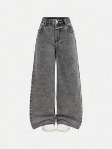 青少年女孩口袋宽松阔腿破洞休闲百搭牛仔裤