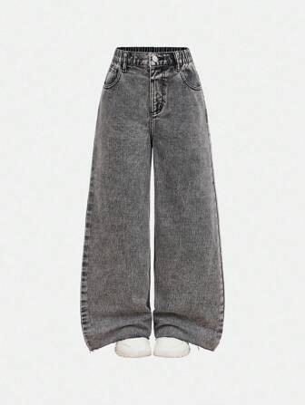 Tween Girls Pockets Loose Wide Leg Distressed Relaxed Fit Casual Versatile Jeans Fall Winter