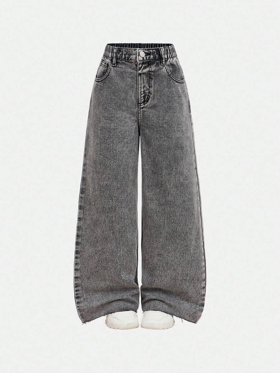 青少年女孩口袋宽松阔腿破洞休闲百搭牛仔裤