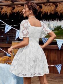 LanaWest Women's Summer White Western Elegant Lace Sweetheart Shirred Frill Embroidered Tiered A-Line Short Dress - White - View 2